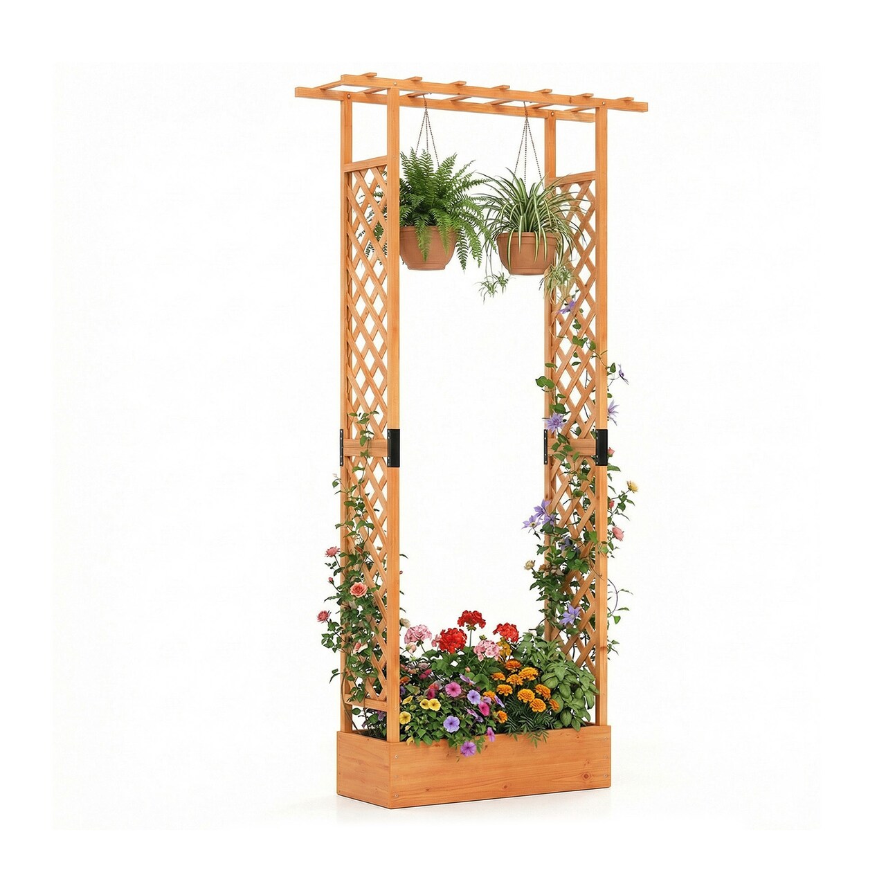 89" Elevated Wooden Garden Planter with Trellis, Hanging Canopy, and Drainage